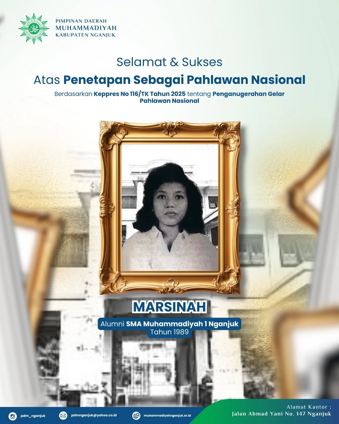 Selamat atas Penetapan Almarhumah Marsinah Alumni SMA Muhammadiyah 1 Nganjuk lulusan tahun 1989 sebagai Pahlawan Nasional 2025.

#muhammadiyah #muhammadiyahgerakanku #muhammadiyahjawatimur #muhammadiyahberkemajuan #muhammadiyahnganjuk #nganjuk #pahlawannasional